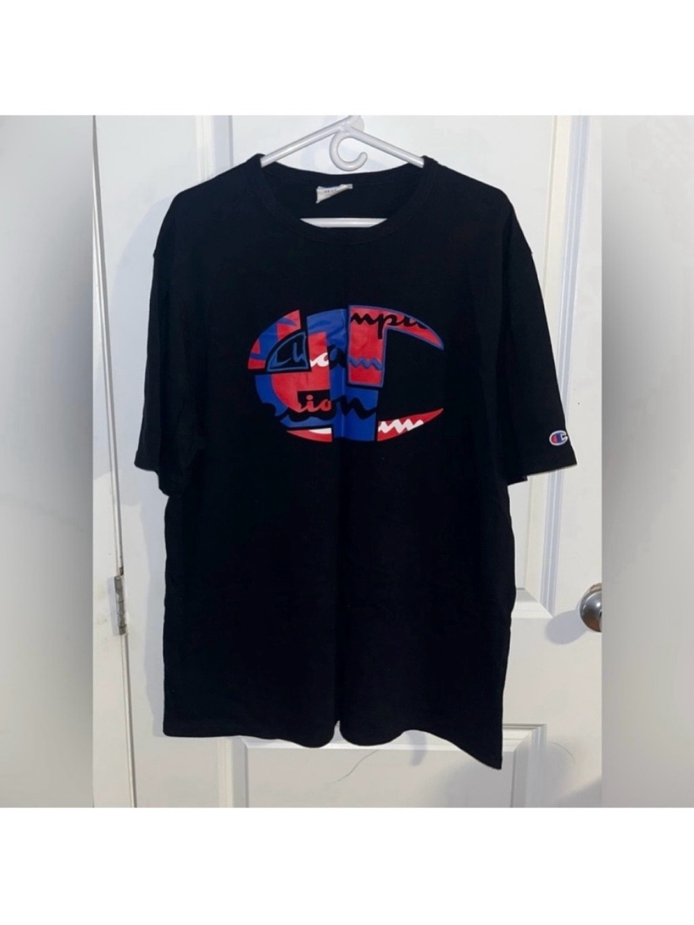Champion Black Split Script Big Logo Short Sleeve Crew Neck T Shirt Mens XXL
